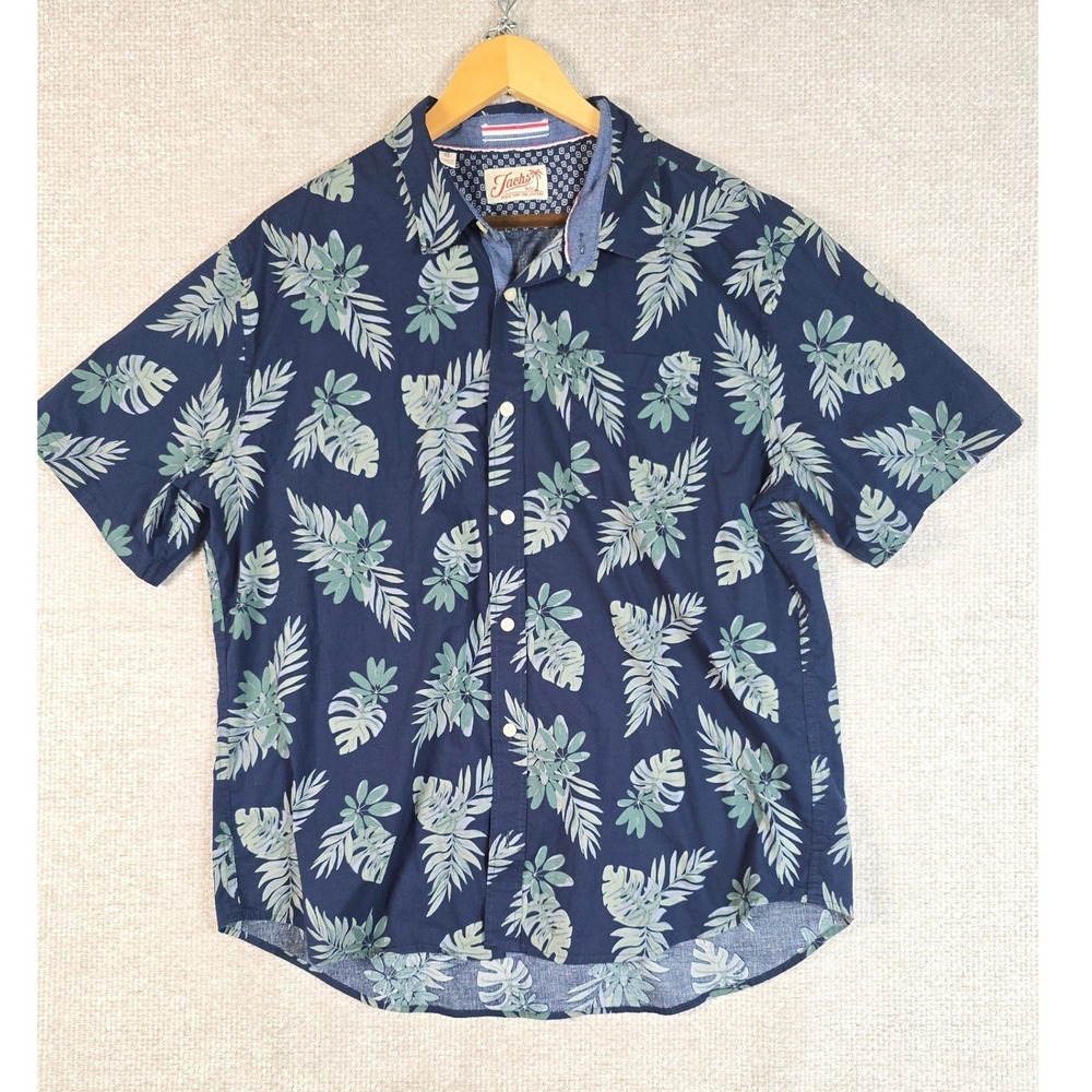 Jachs NY Mens XL Navy Blue Tropical Leaf‎ Print Short Sleeve Button Down Shirt